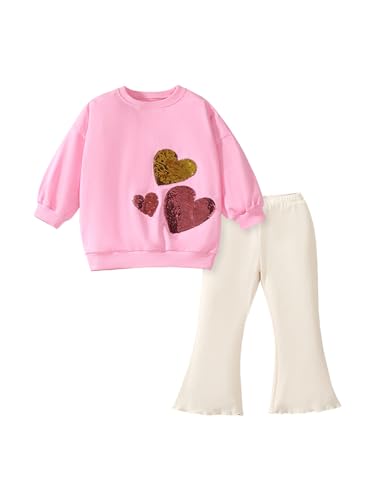 Image of Girls Outfits Set Age 3-4 Years Old Toddler Sequins Love Heart 2 Piece Clothes Set Kids Birthday Valentine's Day Crewneck long Sleeve Cotton Pink Sweatshirt Tops and Leggings Trousers Sweatshirt Set