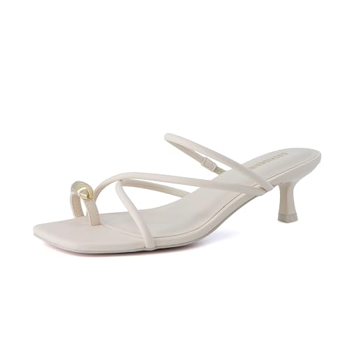 CUSHIONAIRE Maui Strappy Womens Sandals with Kitten Heels – Vegan Leather Slip On Dress Sandals for Women 2025, Square Toe Wedding Shoes, CREAM 7.5