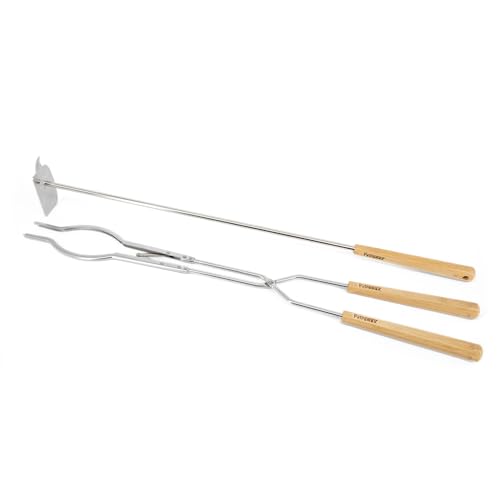 Petromax Lagerfeuerbesteck aus Edelstahl Feuerzange & Schürhaken mit extra langem Holzgriff Hitzebeständiges Outdoor-Werkzeug für Grill Feuerkorb & Camping