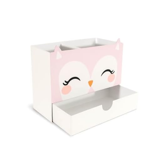 Organizador Multiuso com Gaveta - Porta Maquiagem Duplo Coruja – Organizador em Aço com Design Lúdico – 2 Compartimentos – Ideal para Maquiagens, Acessórios e Materiais de Escritório