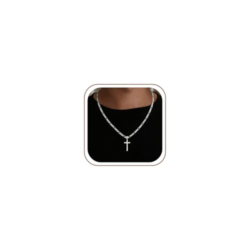 HIMSTORY Cross Necklace for Men 925 Sterling Silver Cross Chain Necklace Diamond Cut 5MM Figaro Chain Mens Cross Necklace Christian Easter Gifts for Boyfriend Father Husband 20 Inches