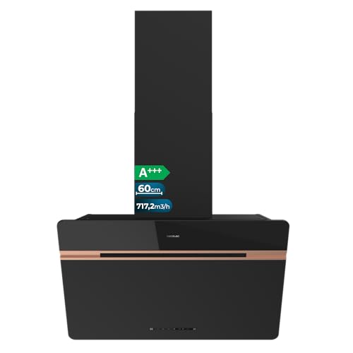 Cecotec Campana Extractora Decorativa 60 cm Bolero Flux DT 607500 Matt Black A+++. Cristal Mate y Brillante con Detalles en Cobre, Succión 717,2 m³/h, Función Booster, Filtros de Aluminio, Clase A+++