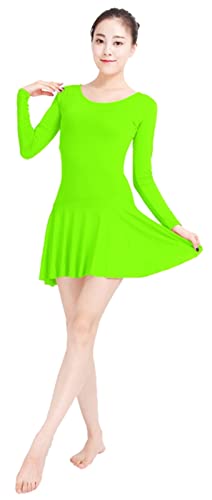 Lifup Damen Lange Ärmel Bodysuit Gymnastikanzug Ballettanzug Tanzkleid Kleid aus Spandex Neon Grün XL