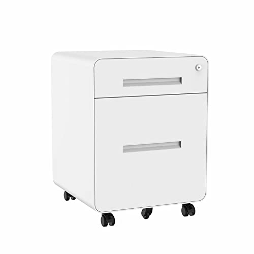 FLEXISPOT Rollcontainer mit 2 Schubladen Kommode weiß rollcontainer Schreibtisch Aktenschrank Büroschrank Unterschrank für Büro Wohnzimmer Schlafzimmer mit Schlüsselschloss und Anti-Kipp-Rad
