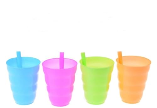 Copos Plásticos Coloridos com Canudo Embutido, Conjunto de 4, 10 cm de altura - Linha Retrô infatil