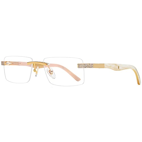 Image of HEPIDEM 100% Really Buffalo Horn Glasses,Square Rimless Luxury Buffs Eyeglasses with Zircon Diamonds