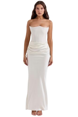 Image of ANKOMINA Women's Strapless Boned Corset Satin Dress Sexy Backless Pleated Stitching Dresses for Wedding Cocktail