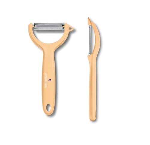 Victorinox Pelador universal Duo Pack para frutas y verduras – extra afilado – Hoja dentada / doble filo – Mango ergonómico – Edición limitada naranja claro