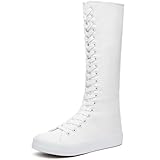 ZGR Women’s Canvas High Top Shoes Knee High Boots Fashion Girl Fancy Scool Shoes White and Black Lace Up Zipper Sneakers for Women(White;US08.5)