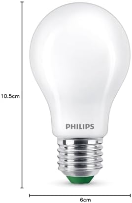 PHILIPS LED Ultra Efficient Light Bulb 2 Pack A Label Energy Rating [White 3000K - E27 Edison Screw] 60W A60 Frosted. for Home Lighting.