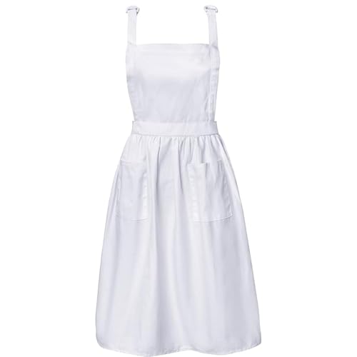 Geyoga Aprons for Women with Pockets Kitchen Cooking Waitress Maid Apron Vintage Skirt Cute Ruffle Dress Costume(White Vintage Style)