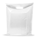 200 Pack White Merchandise Plastic Shopping Bags 12" x 15" with 1.5 mil Thick - Die Cut Handles. Perfect for Retail Shops, Party Favors, Birthdays, Goodie Bags - 100% Recyclable