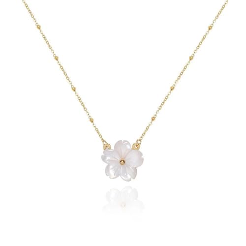 YMYDRCRPO Collar de piedras preciosas naturales colgante retro de flores acrílicas blancas cadena sencilla de cuentas de oro 14k para mujer joyería de acero inoxidable regalos ajustables para niñas
