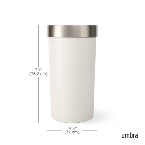 Image of Umbra Vento Kitchen Trash Can, Open Top Bin, 16.5 Gallon, Sand /Nickel | Brushed metal accents, bag concealing design, easy wipe clean, fits home and office, durable plastic