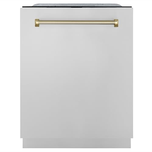 ZLINE Autograph Edition 24 in. Monument Series 3rd Rack Top Touch Control Tall Tub Dishwasher in Stainless Steel with Polished Gold Helix Handle