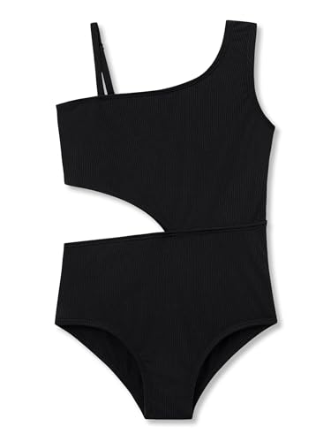 Image of Dvenki Big Girls Asymmetric Cutout Swimsuit Adjustable Straps Sizes 6X-16 | color block, leopard, tropical prints, front lined swimwear, removable pads, suitable for beach, vacation, pool play
