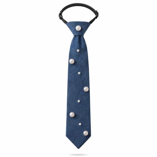 NZUCPZ Denim Tie for Women Blue Jean Necktie with Pearl Design Adjustable Fashion Neck Accessory Elegant Formal Tie for Party Office Concert