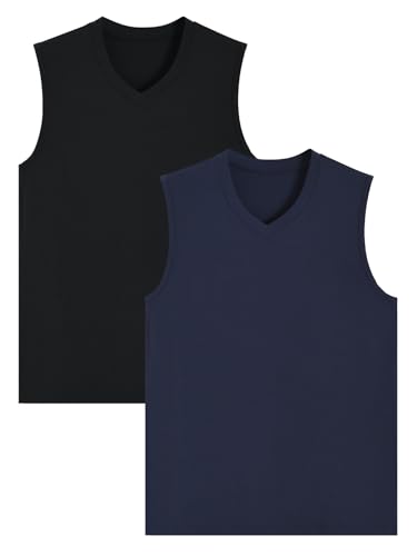 Latuza Men's Bamboo Viscose Pajama Shirt V-Neck Sleep Tank Top 2 Pack, Black/Navy, X-Large