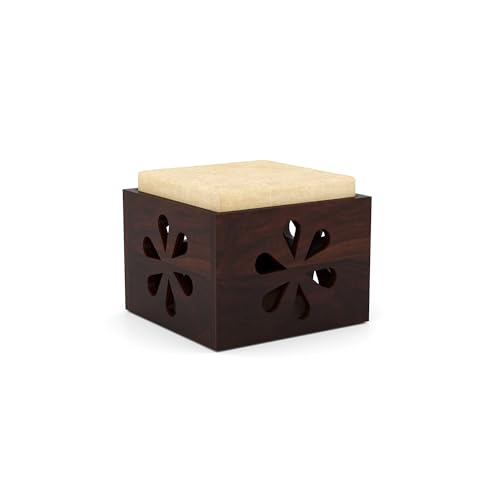 Image of Solid Wooden Coffee Table Center Table with 2 Stool | Sheesham Wood Center Coffee Table for Living Room, Home, Meeting Room Furniture | Modern Carved Flower- in Walnut Finish