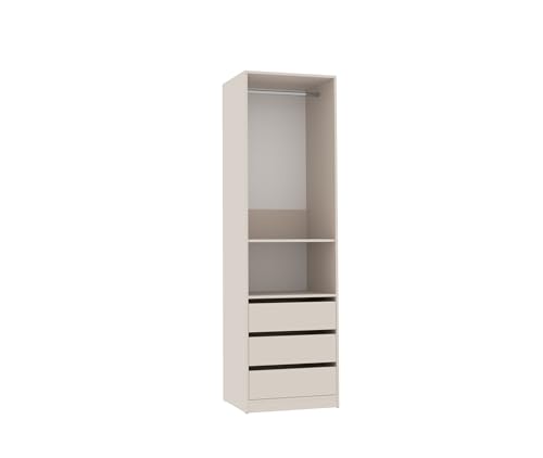 Marmex offener Kleiderschrank TRES 04, Garderobenschrank ohne Türen, Schrank mit DREI Schubladen und Kleiderstange, 60x206x51 cm, graubeige Cashmere, für Schlafzimmer, Ankleideräume (60x206x51 cm)