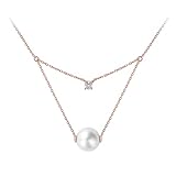 Stfery Collar de perlas de oro rosa de 9 quilates, 14 quilates y 18 quilates, elegante cadena de 2 capas con perlas de agua salada de 8,5 a 9 mm y diamante de 0,09 quilates para ella, 40+5cm, Metal