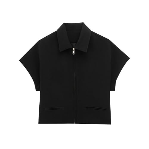 FindThy Women’s Cropped Jacket Trendy Lapel Collar Short Sleeve Solid Color Zip Up Outerwear Coat