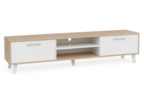 Image of Kumo Engineered Wood TV Unit for Living Room | Modern Entertainment Center with 2 Door Cabinets & Open Storage Shelves | TV Stand for Up to 75 Inch Television | Oak & White Finish | 1800 mm