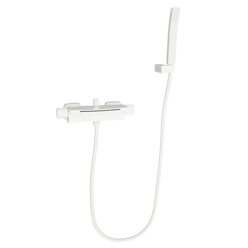 Sistema de ducha de lluvia con grifería, juego completo de ducha, juego completo de ducha, cascada, grifo de bañera montado en la pared, color blanco con ducha de mano y cabezal de ducha de acero