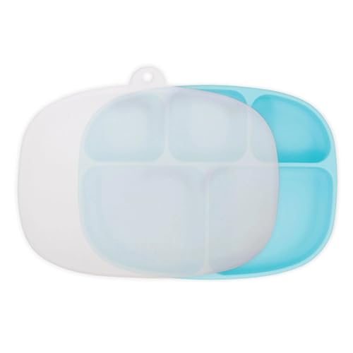 Image of Bumkins Toddler and Baby Suction Plate, Silicone Divided Grip Dish and Lid, Large 5-Section Tray for Kids, Essentials in Children Feeding Supplies, Non Skid Stick Bottom, for Ages 6 Months Up, Blue