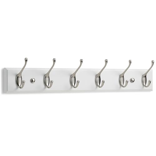 LARHN Porte Manteau Mural Blanc - 6 Crochets Doubles - 59 cm - Patere Murale Bois pour une Entrée, Chambre, Salle de Bain et Vestiaire