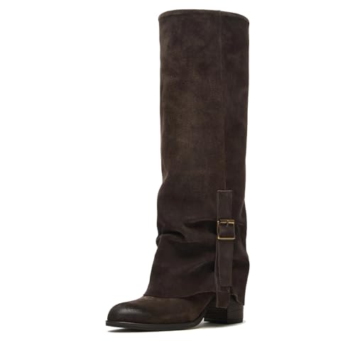 Fold Over Knee High Boots Women Wide Calf Round Toe Long Boots Chunky Block Heels Pull on Tall Boots with Adjustable Buckle2