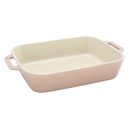 Image of Staub Ceramic 4-pc Baking Pans Set, Casserole Dish with Lid, Brownie Pan, Light Pink