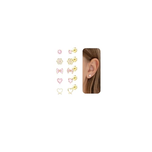 DAILI Pendientes para niñas, hipoalergénicos, con parte trasera plana, para niños, bebés y mujeres, de titanio, ligeros, con lazo rosa, mariposa, corazón, flor, circonita cúbica, para orejas sensibles