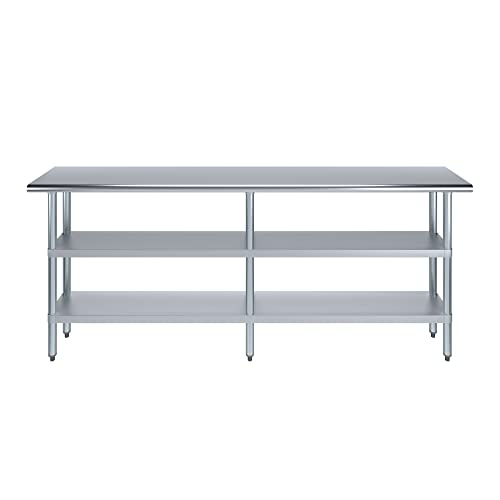 Image of AmGood Stainless Steel Work Table with 2 Shelves | NSF | Metal Utility Table (84 inch Long x 14 inch Deep)