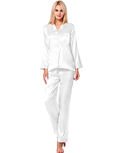 Image of SWOMOG Long Sleeve Pajamas Set Silk Satin Sleepwear Button Down Pjs Loungewear with Pocket