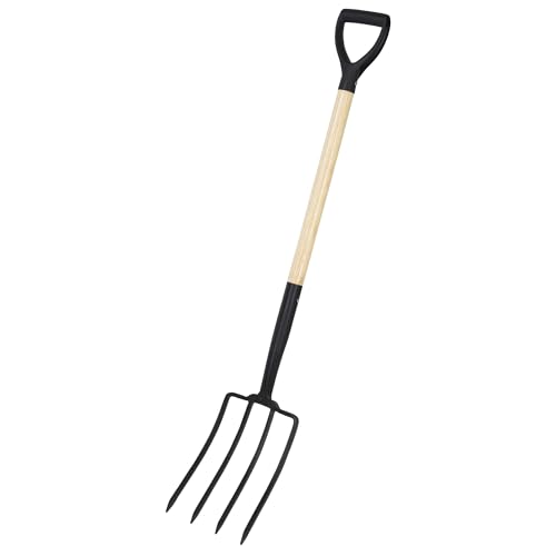 Handliche Spatengabel Grabegabel mit Trittkante Holzstiel und D-Griff Garten Forke Grabe Spaten Gabel 4 Zinken Metall Holz Stiel 115 cm
