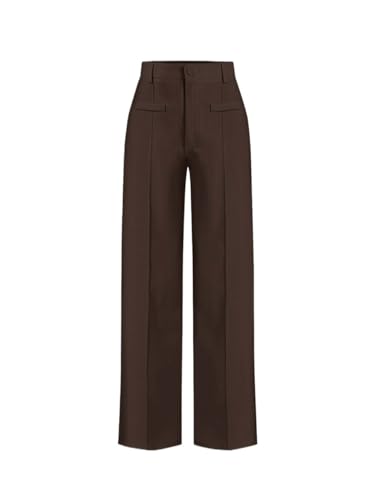 SECOLI Women's Straight Wide Leg Trousers Pants Coffee Brown Casual