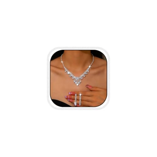 Gkaopi Juego de Joyas para Novia Gota Cristal Collar y Pendientes Largos Conjunto de Plata de Zirconia Cúbico Accesorios de Joyería para Compromiso Boda Graduación