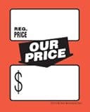 DYC112 "Regular Price Our Price" Fluorescent Red Orange and Black Unstrung Drill Sale Tags (No Strings) Small Price Cards - (100 Pack) Furniture, Flooring, Business Store Signs (3 1/2" x 5 1/2")