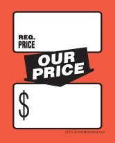 DYC112 "Regular Price Our Price" Fluorescent Red Orange and Black Unstrung Drill Sale Tags (No Strings) Small Price Cards - (100 Pack) Furniture, Flooring, Business Store Signs (3 1/2" x 5 1/2")