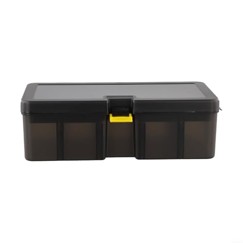 Dolvitrny Caja de aparejos de señuelo de doble capa para pesca, caja de almacenamiento impermeable de polipropileno con separadores ajustables, diseño gris translúcido, hebilla colgante y gancho