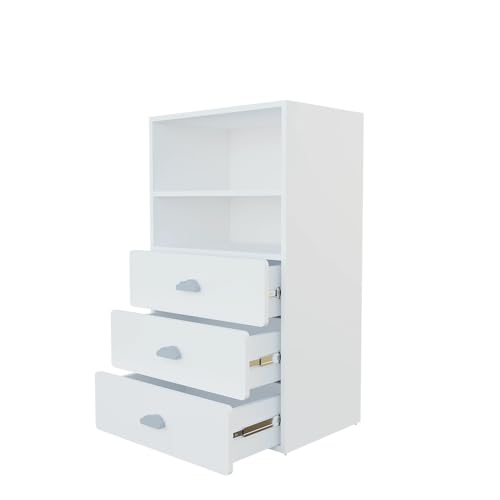 Image of VIKI Kids Wardrobe Almirah - Storage Cabinet with 3 Drawers & Open Shelf for Bedroom, White (40x60x102 cm) | 1 Year Warranty