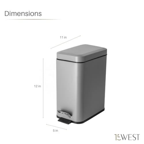 Image of Slim Rectangular 5 Liter Trash Bin Plastic - Long-Lasting, Easily Cleanable, with Silent Soft-Close Lid and Convenient Foot Pedal - Ideal as White Bathroom Trash, Office Bin