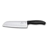 Victorinox Swiss Classic Santokumesser, Messer Asiatischer Art, Extra Scharfe Klinge, Kullenschliff, 17 cm, Rostfreier Stahl, Blister, Schwarz
