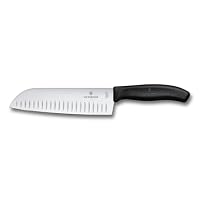 Victorinox Swiss Classic Santokumesser, Messer Asiatischer Art, Extra Scharfe Klinge, Kullenschliff, 17 cm, Rostfreier Stahl, Blister, Schwarz
