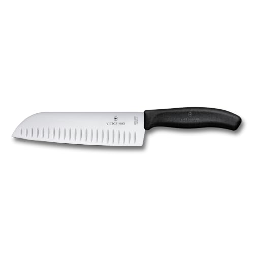 Victorinox Swiss Classic Santokumesser Messer Asiatischer Art Extra Scharfe Klinge Kullenschliff 17 cm Rostfreier Stahl Blister Schwarz