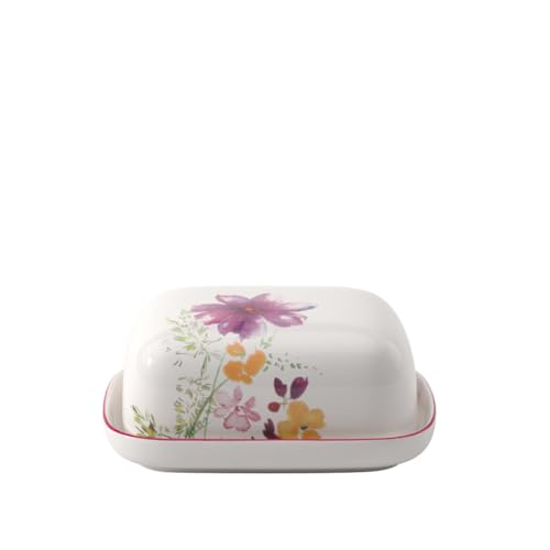 Villeroy & Boch - Mariefleur Basic Butterdose mit Deckel Bunt, Spülmaschinenfest, Mikrowellensicher, Butterglocke, Butteraufbewahrung, Dose für Butter, Florales Design, Blumenmuster, Premium Porzellen