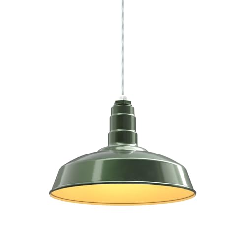 Image of Steel Lighting Co. Carson Barn Light | Ceiling Mounted Pendant | 16 inch Dome | 4' White Cord | Industrial Style Steel Light Made in America | Hunter Green Exterior /Brass Interior