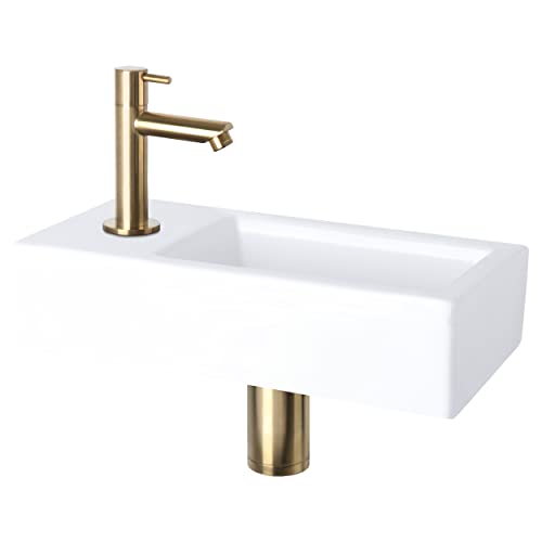 Differnz Helios Set Lavabo 37,5x18,5x9 cm – Vasque Céramique Blanche – Avec Robinet Droit Or Mat à Gauche – Ensemble WC Complet – Siphon et Bonde Always-Open...
