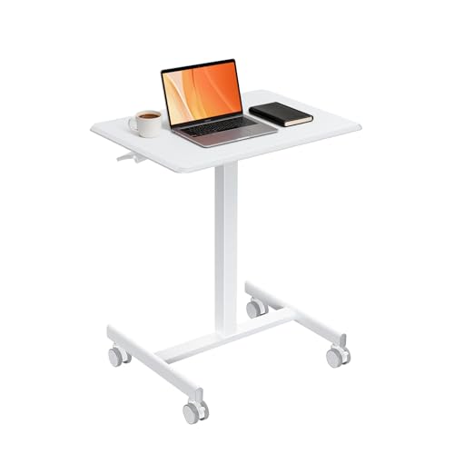 SageNest Mobile Standing Desk Adjustable Height, Rolling Sit-Stand Laptop Desk with Lockable Casters, Portable Compact Computer Table for Home Office Dorm, White
